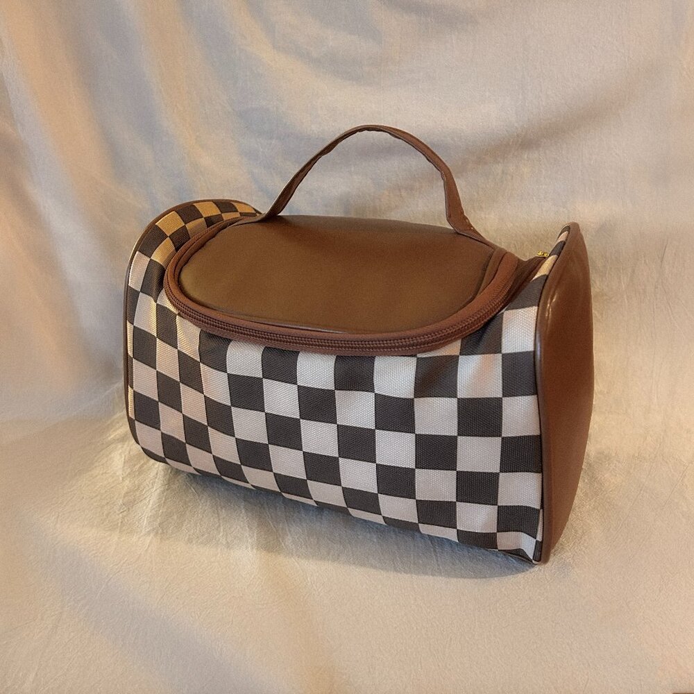 Brand New Brown and Cream Checkered Toiletry Travel Bag
